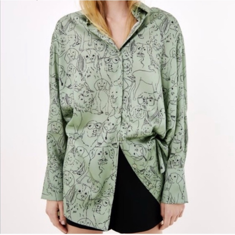 Zara Green Dog Print Button-Up Shirt